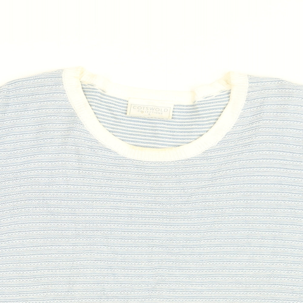 Cotswold Collection Womens Blue Striped Cotton Basic T-Shirt Size L Round Neck