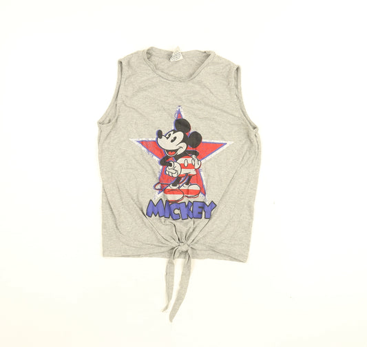 Front view of Disney women’s grey cotton cropped t-shirt, size UK 4, round neck - mickey mouse