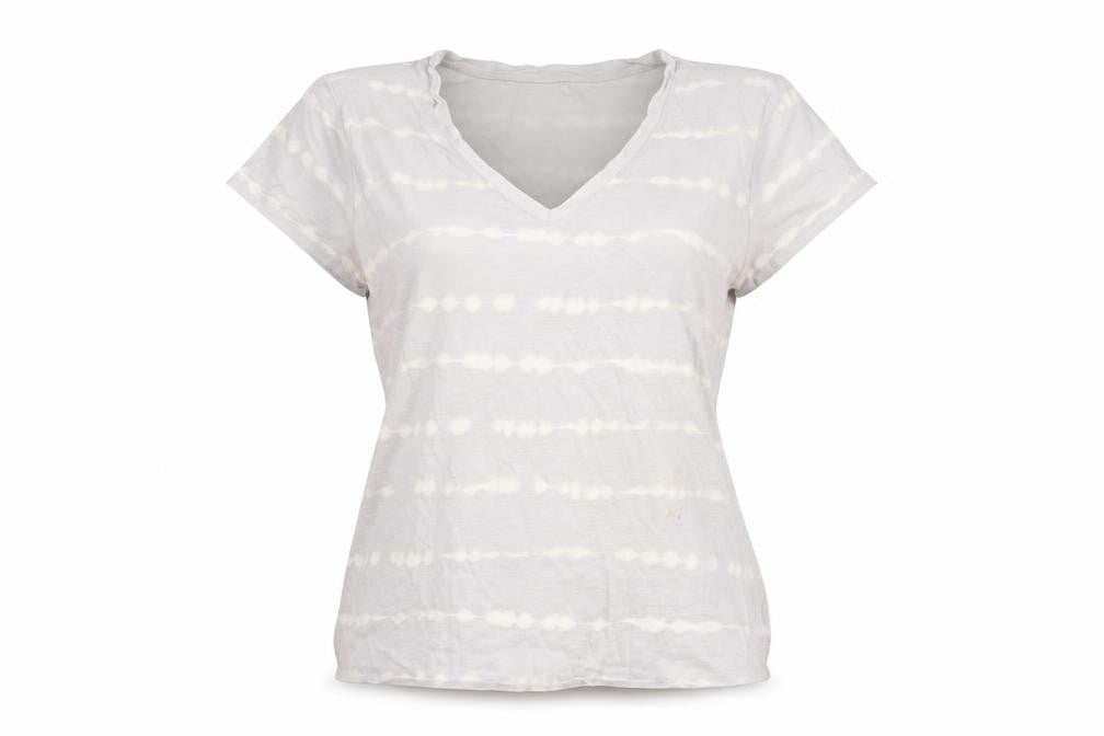 Front view of Gap women’s purple geometric cotton basic t-shirt, size L, v-neck - tie dye