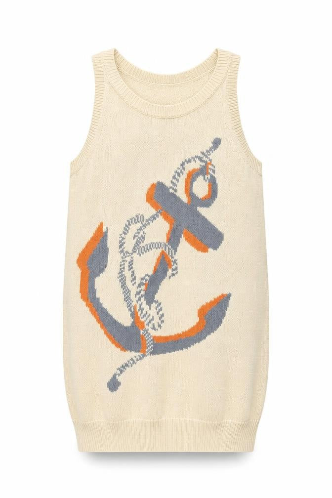 Gap Girls Beige Geometric Cotton Shift Size 8-9 Years Round Neck Pullover - Anchor Print