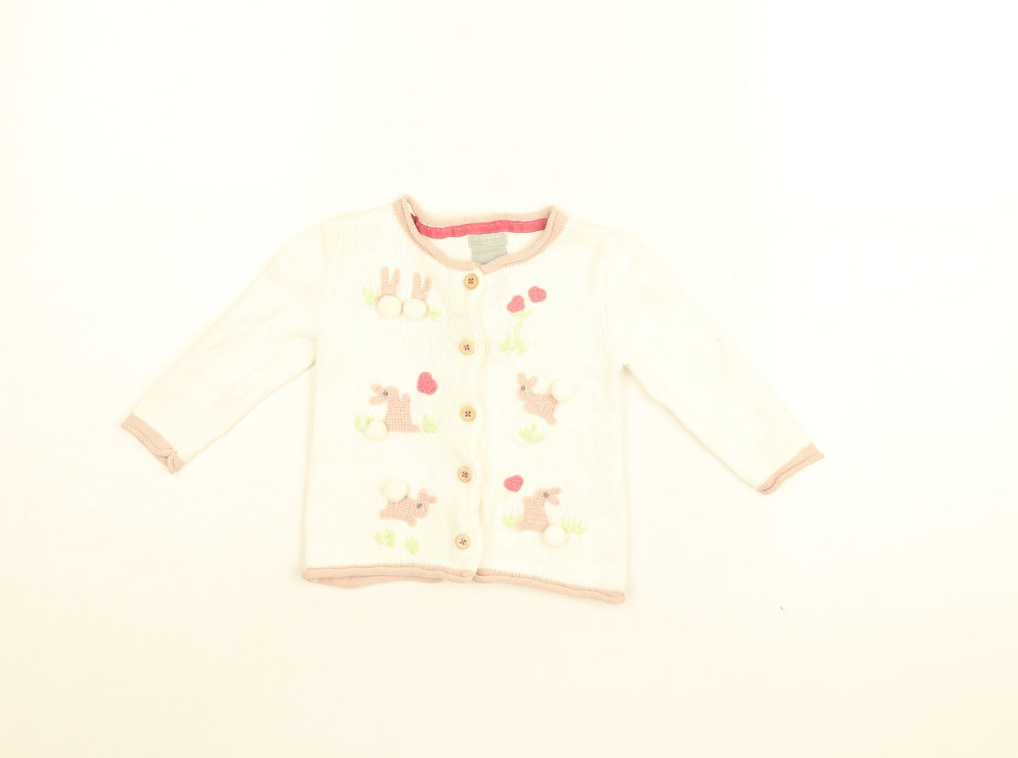 Tahari Girls White Geometric Cotton Cardigan Jumper Size 6-9 Months Button - Bunny Embroidery