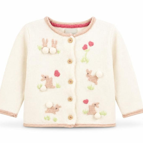 Tahari Girls White Geometric Cotton Cardigan Jumper Size 6-9 Months Button - Bunny Embroidery