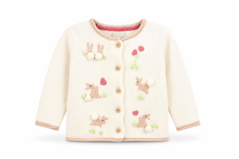 Tahari Girls White Geometric Cotton Cardigan Jumper Size 6-9 Months Button - Bunny Embroidery