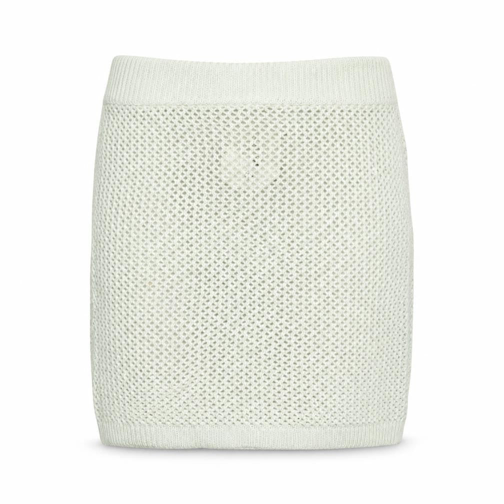 Front view of Collusion women’s blue acrylic mini skirt, size UK 8
