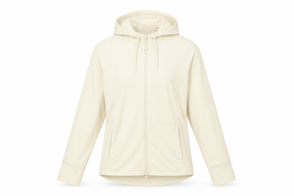 Front view of RBX women’s grey polyester full zip hoodie, size L, zip