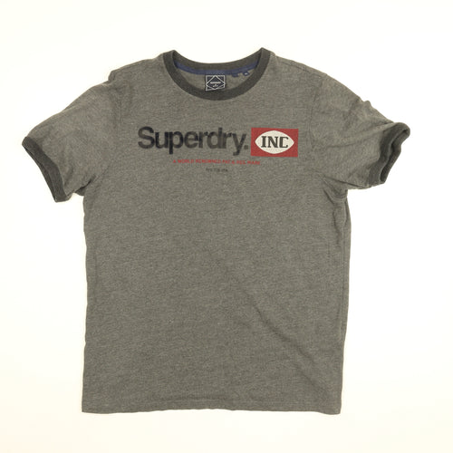 Superdry Mens Grey Cotton T-Shirt Size XL Round Neck - Superdry Logo