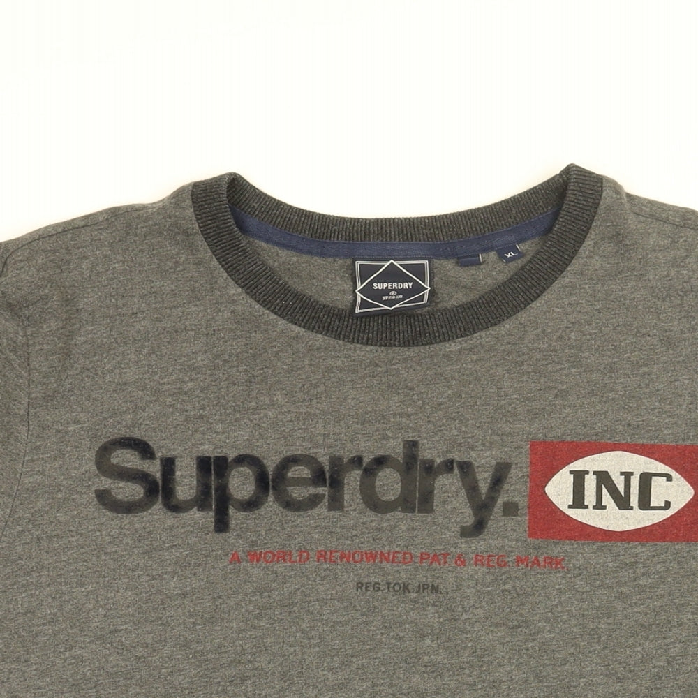 Superdry Mens Grey Cotton T-Shirt Size XL Round Neck - Superdry Logo