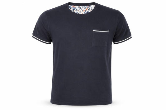 Front view of Denim & Flower men’s blue cotton t-shirt, size M, round neck