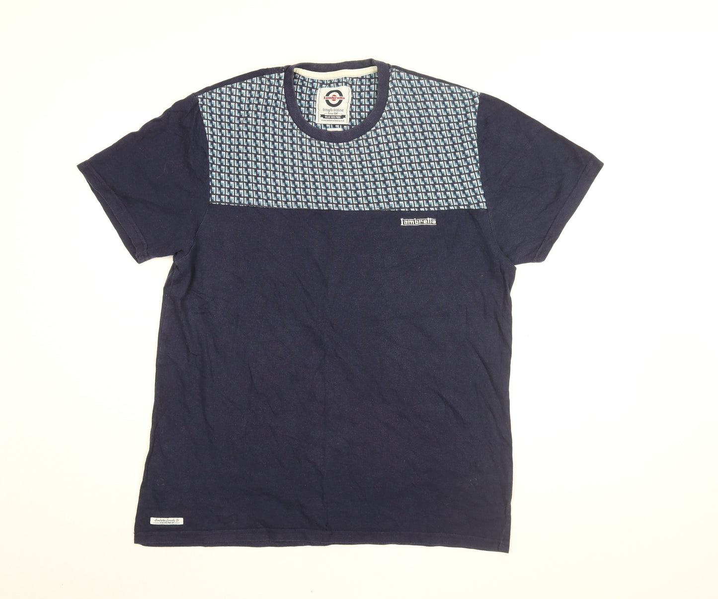 Lambretta Mens Blue Geometric Cotton T-Shirt Size XL Round Neck