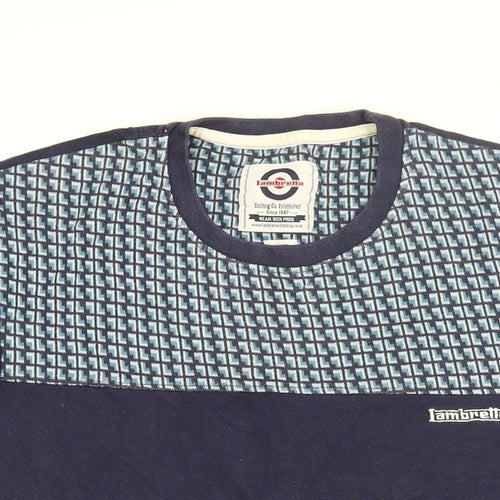 Lambretta Mens Blue Geometric Cotton T-Shirt Size XL Round Neck