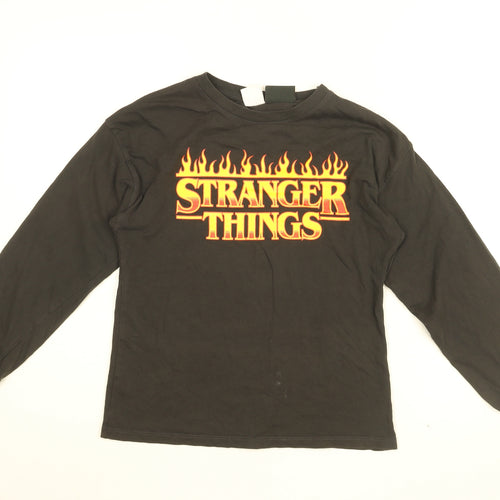 Stranger Things Girls Black Cotton Basic T-Shirt Size 11-12 Years Round Neck Pullover - STRANGER THINGS