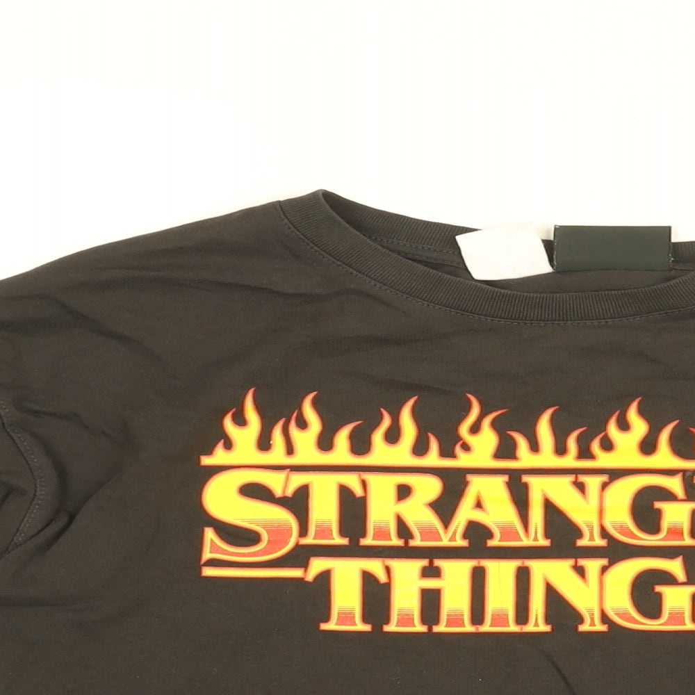 Stranger Things Girls Black Cotton Basic T-Shirt Size 11-12 Years Round Neck Pullover - STRANGER THINGS