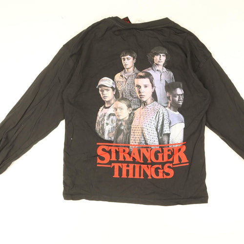 Stranger Things Girls Black Cotton Basic T-Shirt Size 11-12 Years Round Neck Pullover - STRANGER THINGS