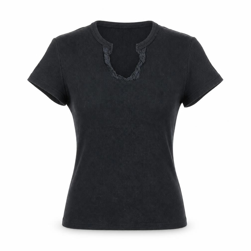 Front view of Cotton Traders women’s blue cotton basic t-shirt, size UK 12, v-neck