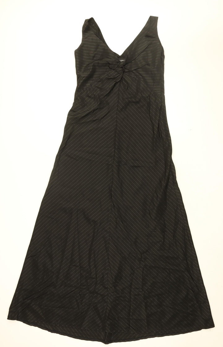 James Lakeland Womens Black Striped Polyester A-Line Size 14 V-Neck Zip