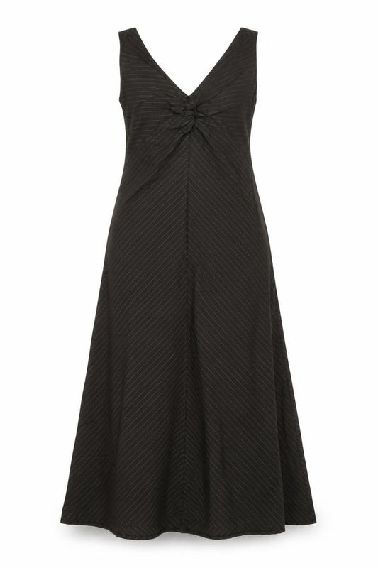 Front view of James Lakeland women’s black striped polyester a-line, size UK 14, v-neck zip