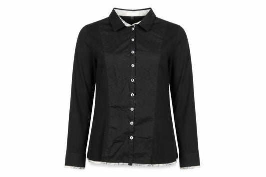 Front view of Tinta women’s black cotton basic button-up, size UK 16, collared