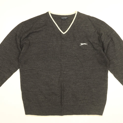 Slazenger Mens Grey V-Neck Acrylic Pullover Jumper Size L Long Sleeve