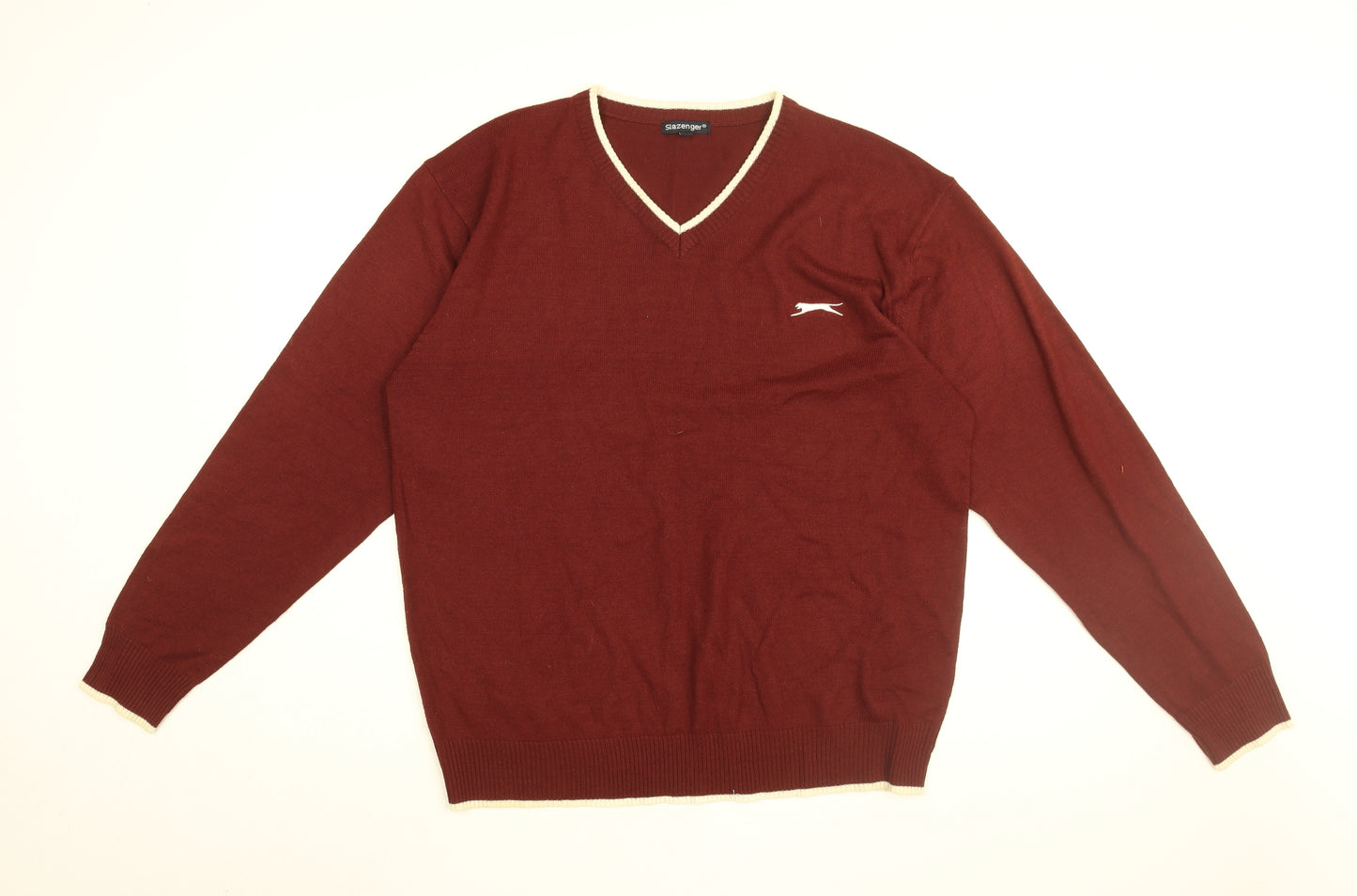 Slazenger Mens Red V-Neck Acrylic Pullover Jumper Size L Long Sleeve