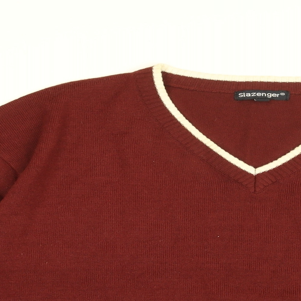 Slazenger Mens Red V-Neck Acrylic Pullover Jumper Size L Long Sleeve