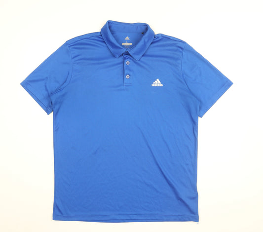 adidas Mens Blue Polyester Polo Size L Collared Button