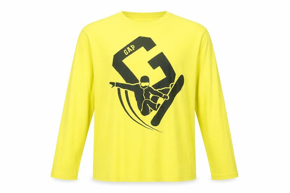 Front view of Gap boys’ yellow cotton basic t-shirt, size 2XL, round neck pullover - snowboarding