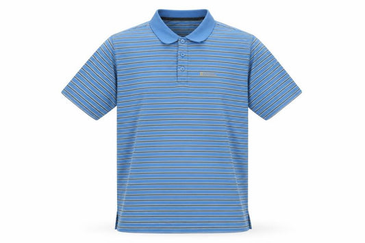 Front view of mountain ware men’s blue striped polyester polo, size XL, collared button