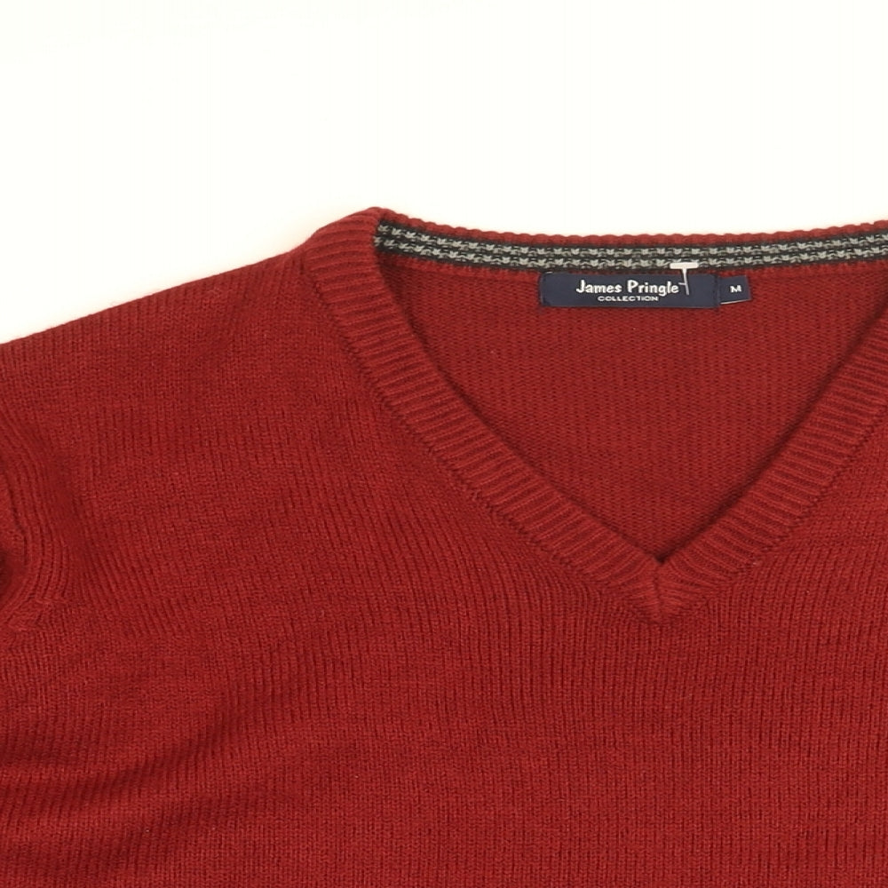 James Pringle Mens Red V-Neck Acrylic Pullover Jumper Size M Long Sleeve