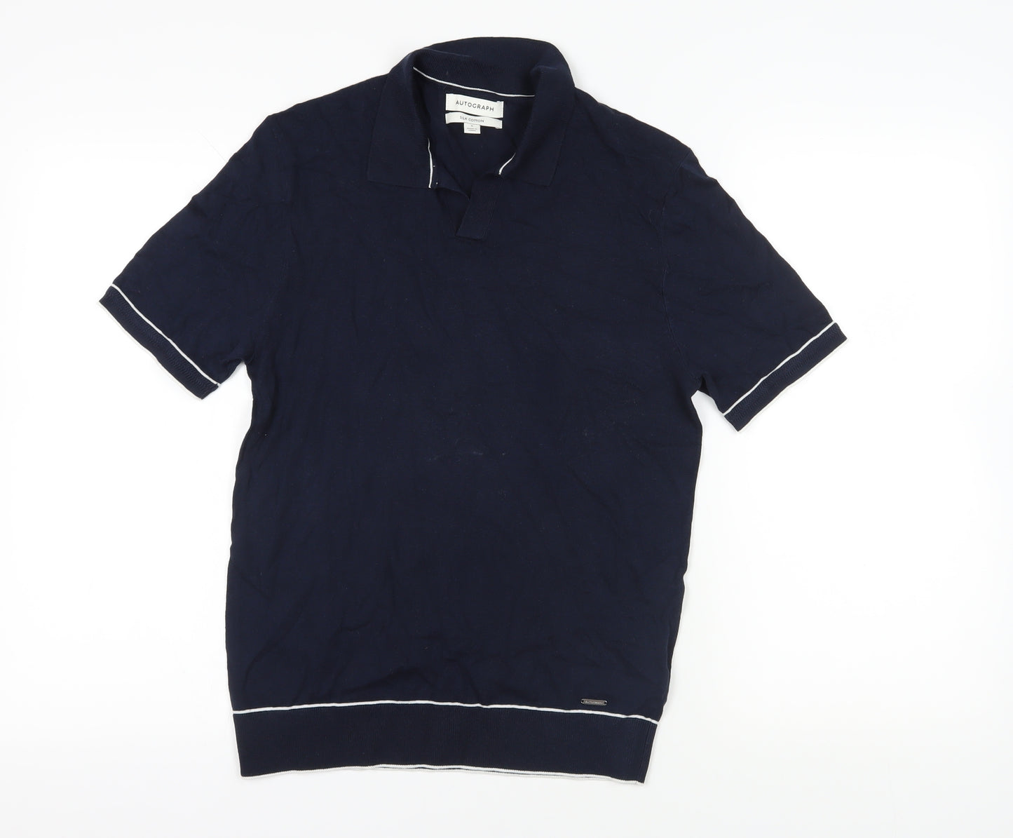 M&S Navy Blue Polo Shirt, Small, Cotton-Silk Blend