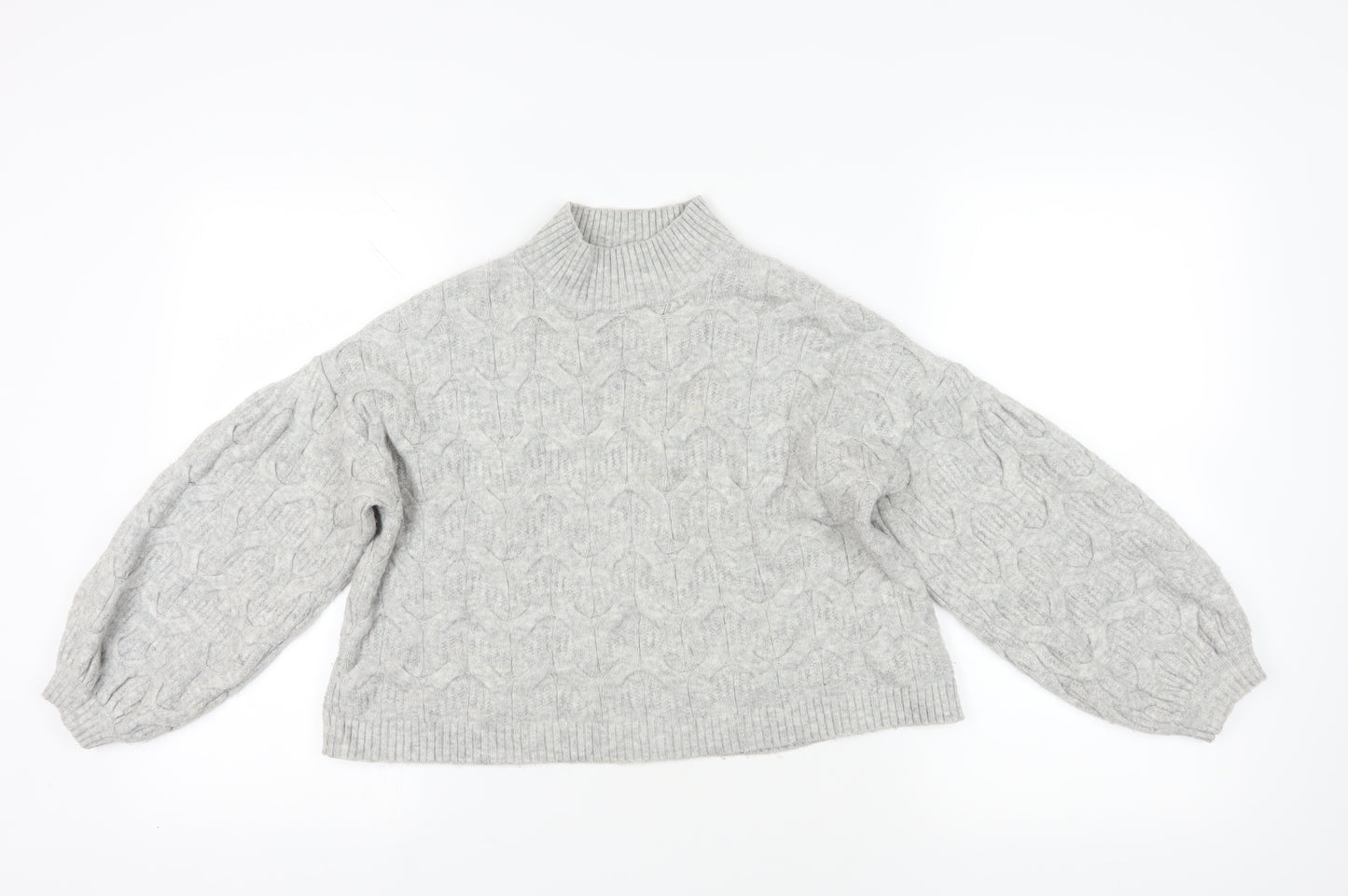 ASOS Grey High Neck Cable-Knit Balloon Sleeve Jumper