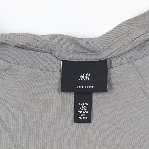 H&M Grey Cotton T-Shirt XS Regular Fit Crew Neck