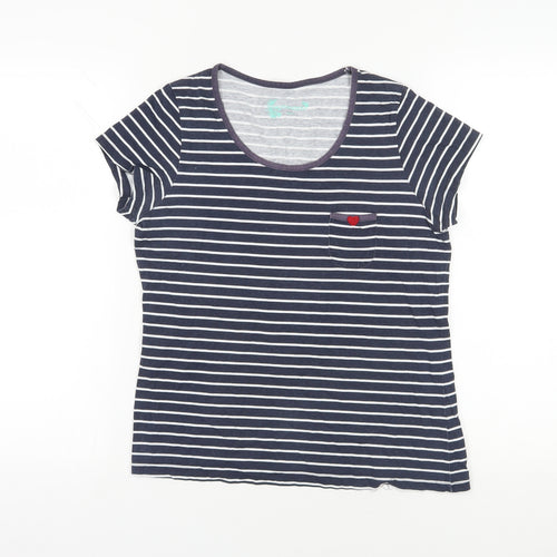 BHS Blue Striped Cotton T-Shirt, Size 12, Scoop Neck