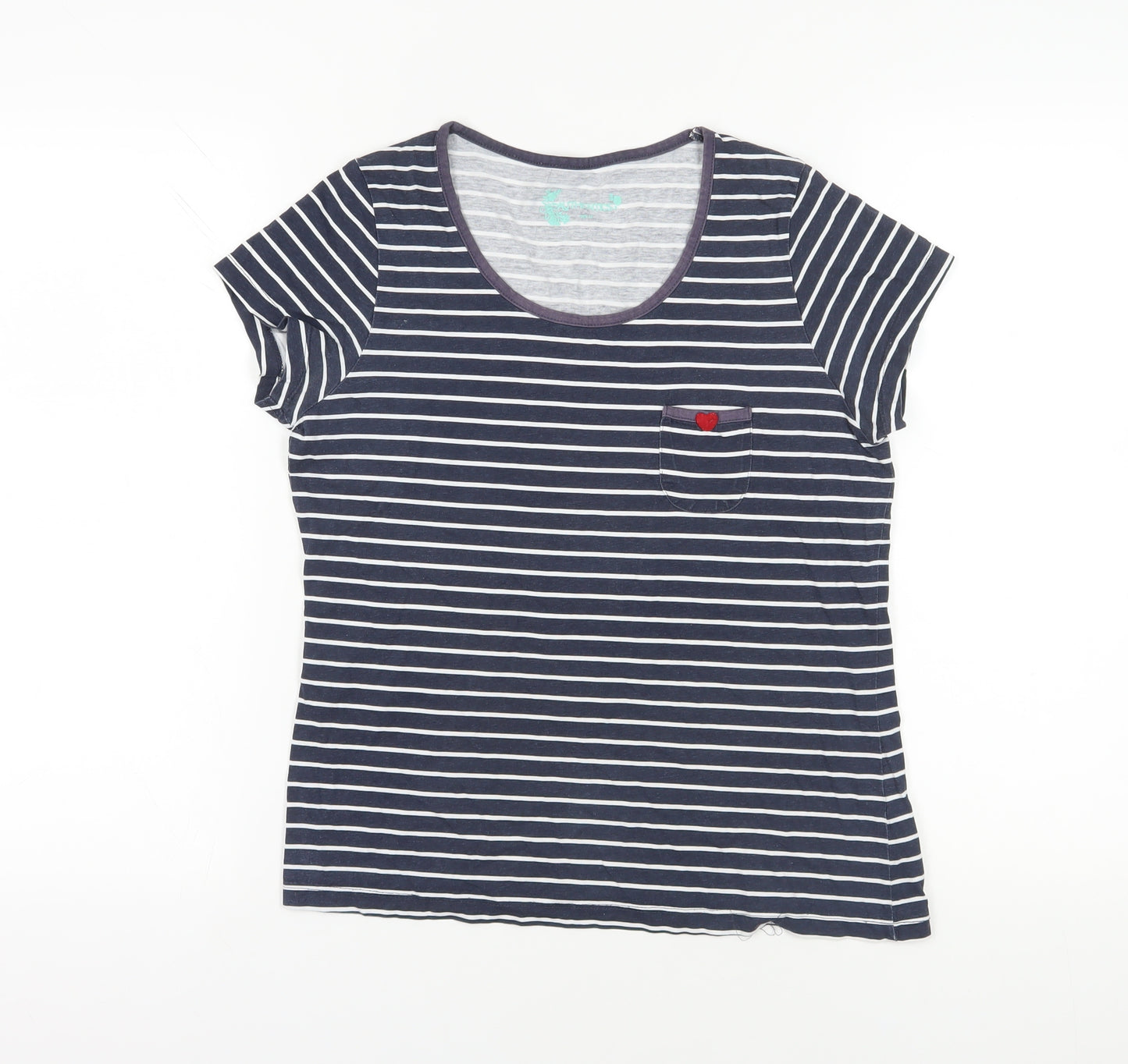 BHS Blue Striped Cotton T-Shirt, Size 12, Scoop Neck