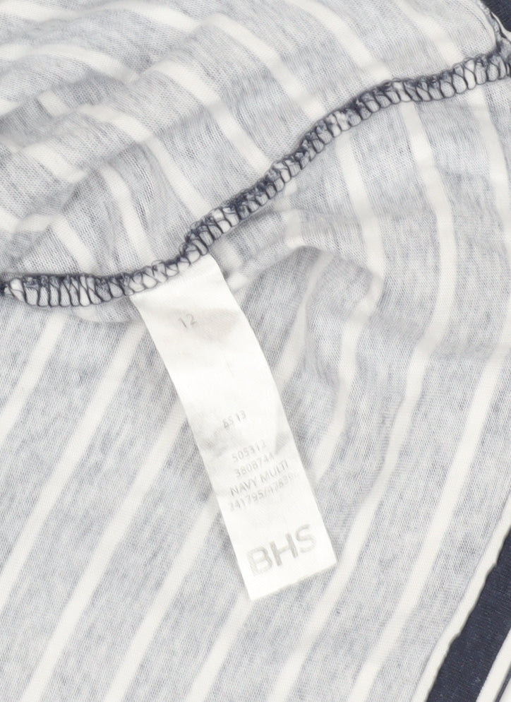 BHS Blue Striped Cotton T-Shirt, Size 12, Scoop Neck