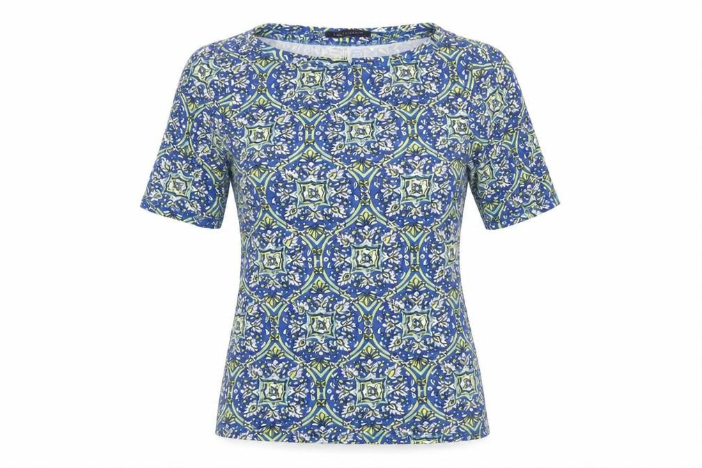 Front view of Marks & Spencer Blue Geometric Crew Neck T-Shirt, size 8