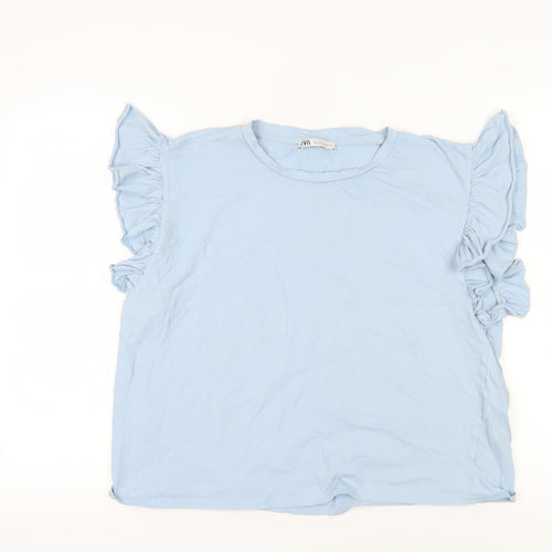 Zara Blue Cotton Sleeveless Ruffle T-Shirt L