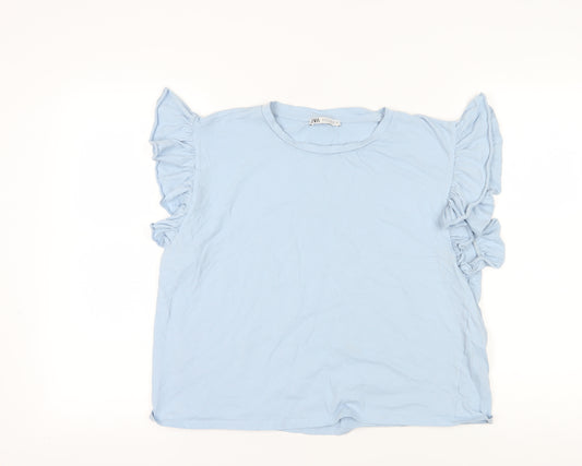 Zara Blue Cotton Sleeveless Ruffle T-Shirt L