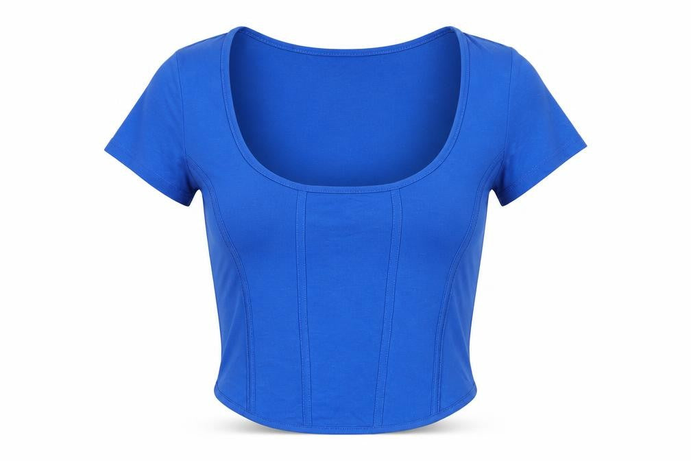 Front view of Bershka Blue Short Sleeve Cropped Top -, size M