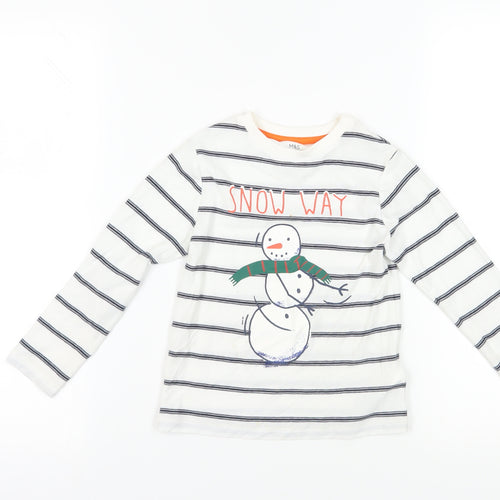 Marks and Spencer Girls White Striped Snowman T-Shirt 4-5Y