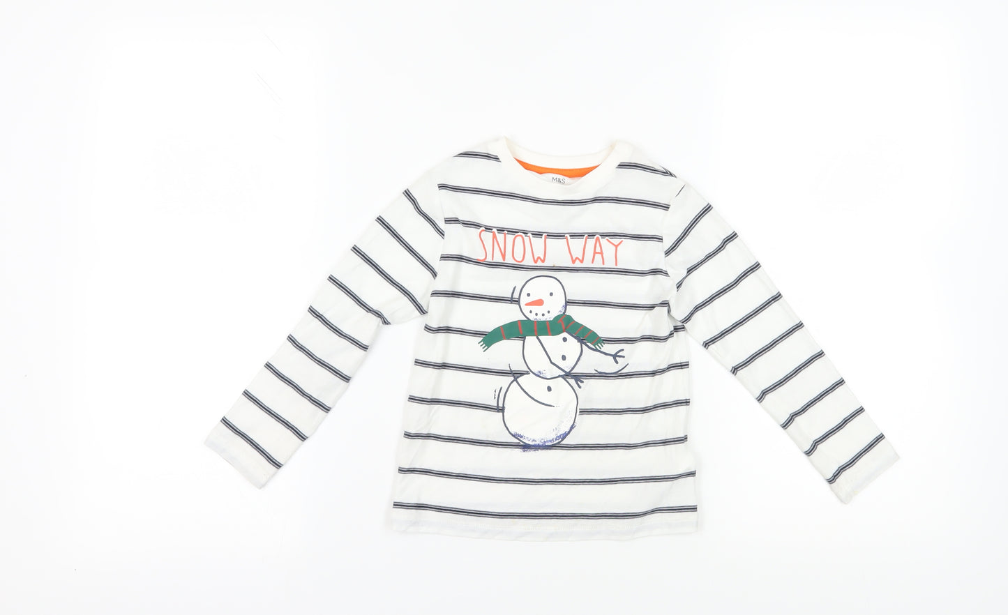 Marks and Spencer Girls White Striped Snowman T-Shirt 4-5Y