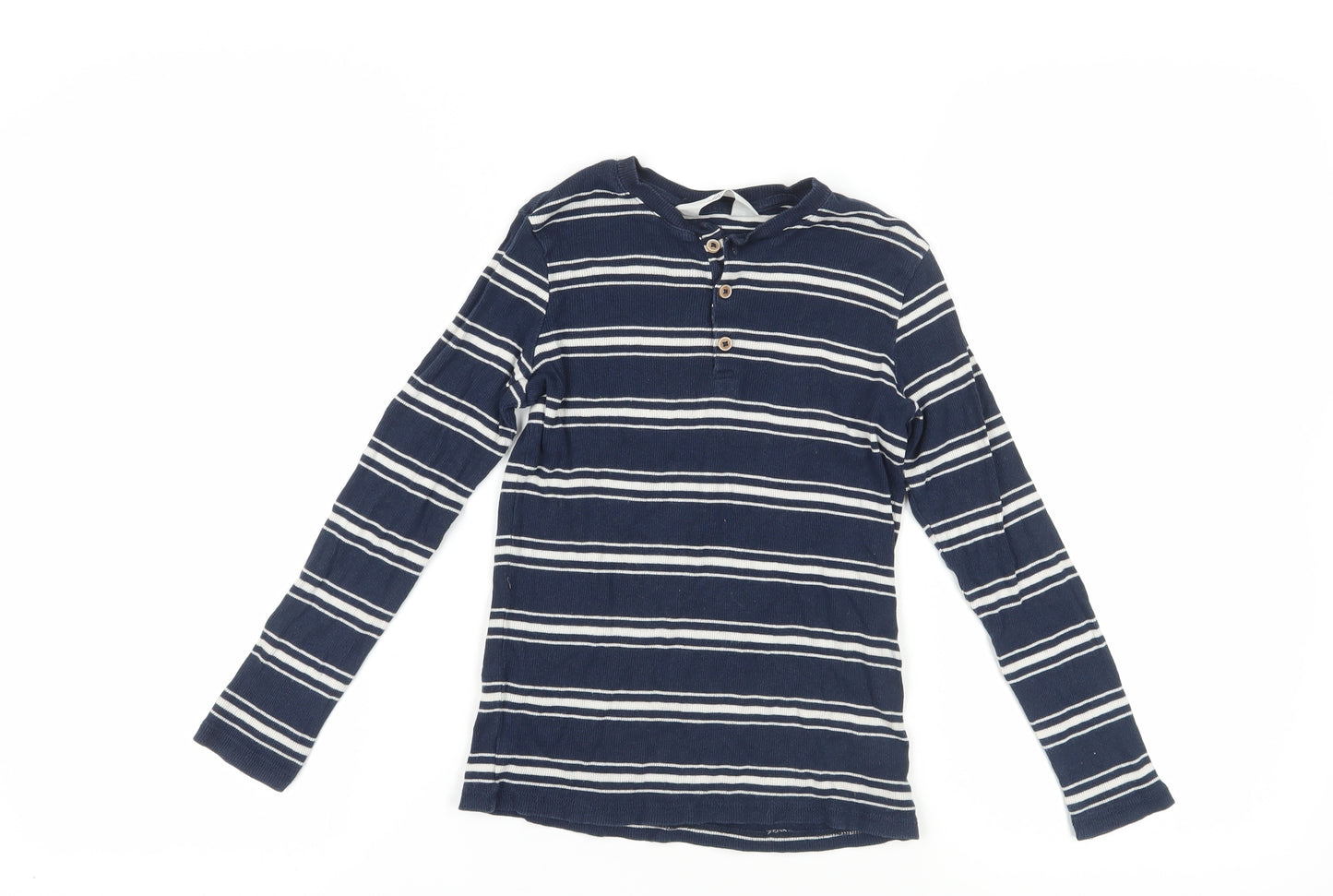 H&M Blue Striped Henley T-Shirt, 9-10Y, Cotton Knit