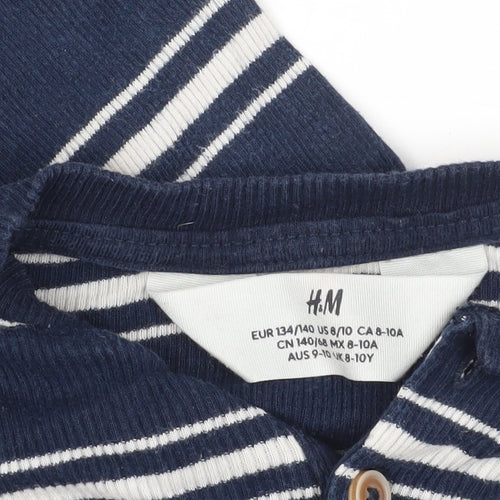 H&M Blue Striped Henley T-Shirt, 9-10Y, Cotton Knit