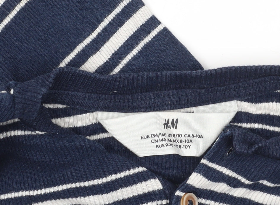 H&M Blue Striped Henley T-Shirt, 9-10Y, Cotton Knit