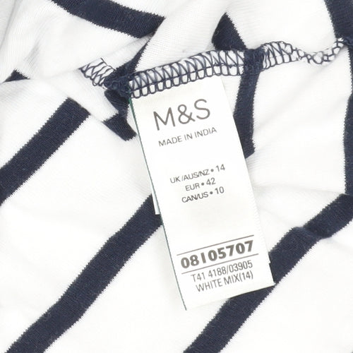 M&S White Striped 3/4 Sleeve Cotton T-Shirt, Size 14