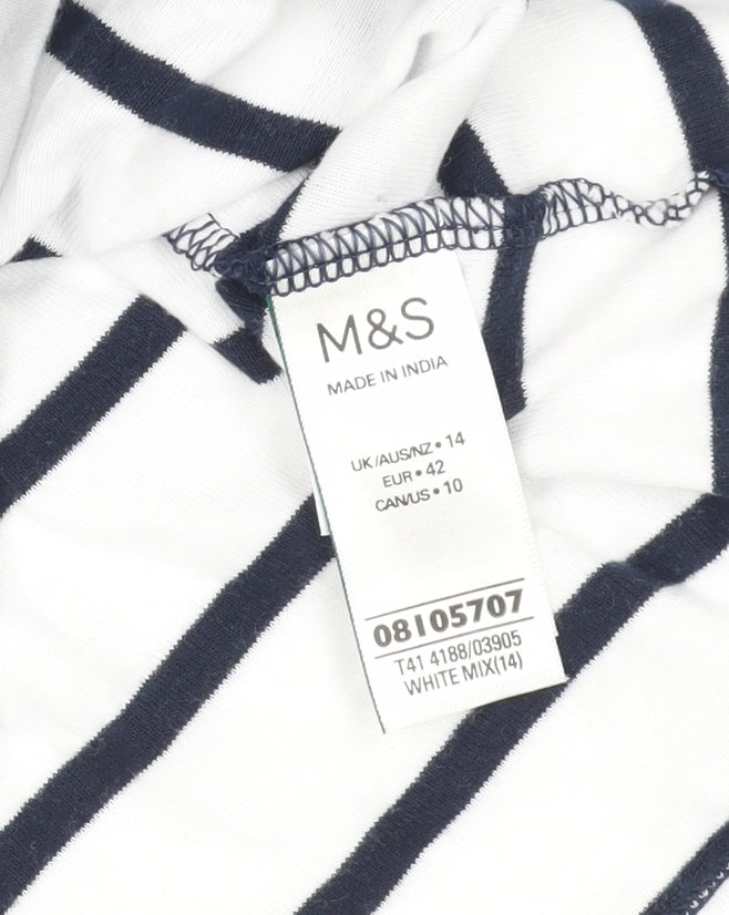 M&S White Striped 3/4 Sleeve Cotton T-Shirt, Size 14