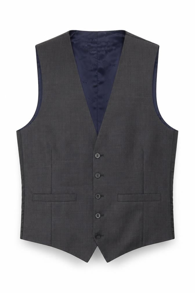 Front view of Paul Costelloe men’s grey wool jacket suit waistcoat, size 38, regular