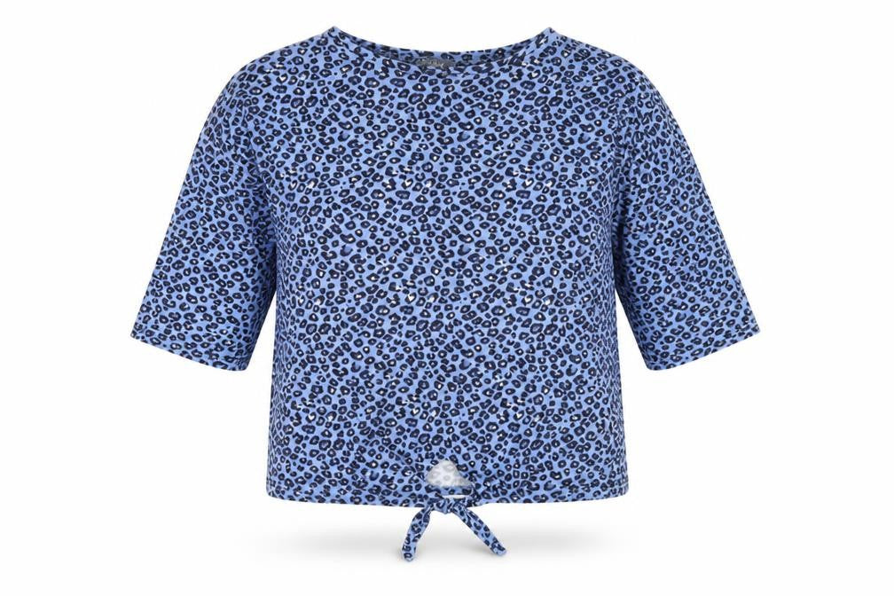 Front view of Principles women’s blue animal print cotton basic t-shirt, size UK 12, round neck