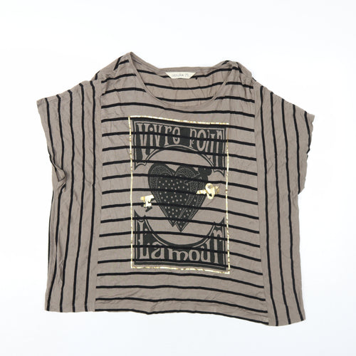 Chickster Womens Brown Striped Viscose Basic T-Shirt Size M Round Neck