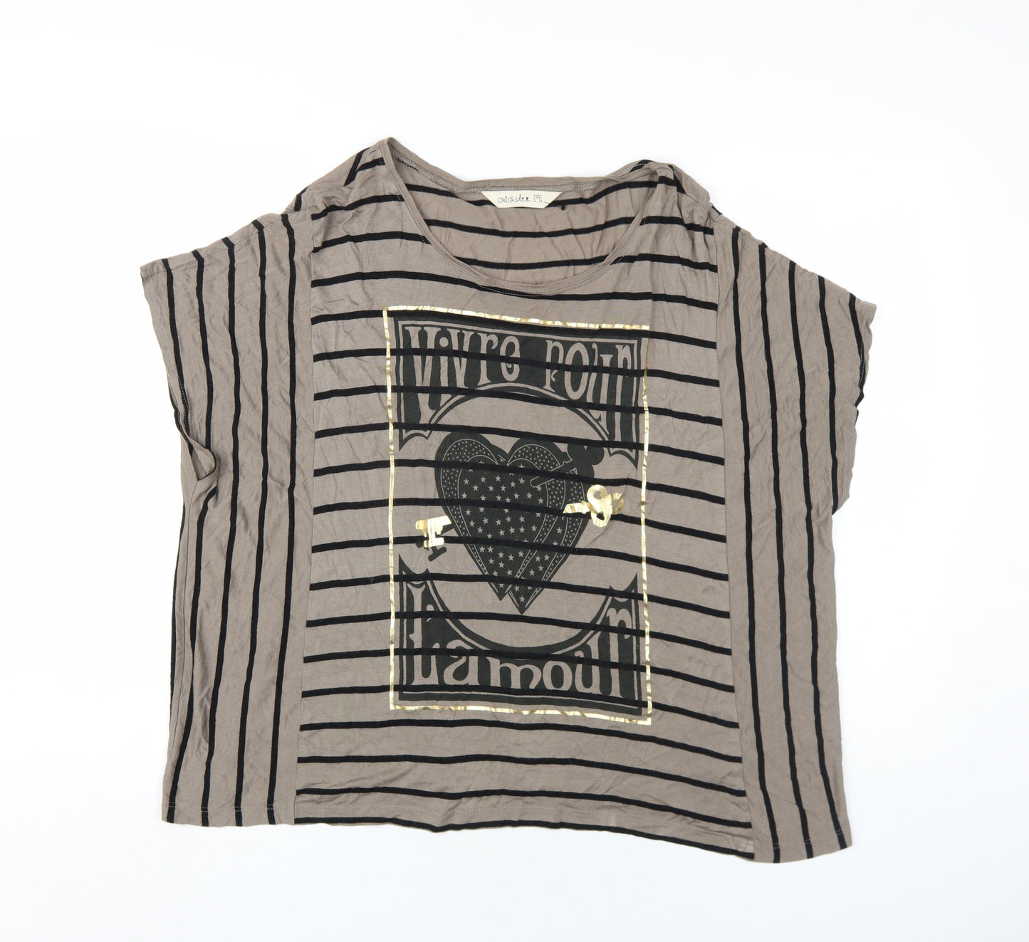 Chickster Womens Brown Striped Viscose Basic T-Shirt Size M Round Neck