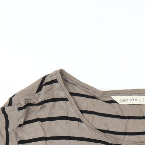 Chickster Womens Brown Striped Viscose Basic T-Shirt Size M Round Neck